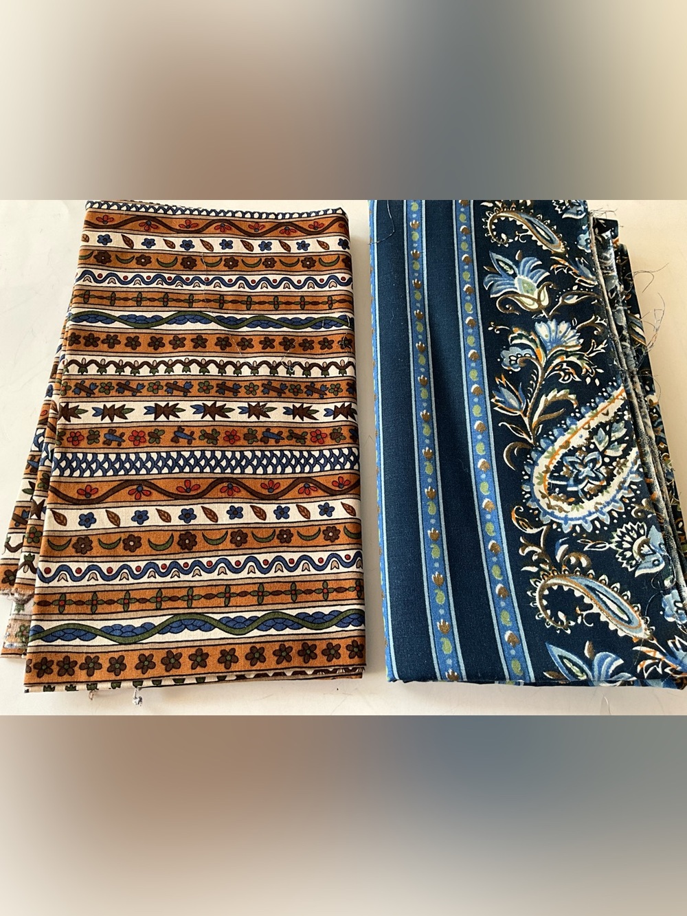 Vintage Cotton Quilting Sewing Fabric Lot Blue Paisley & Brown Stripe
